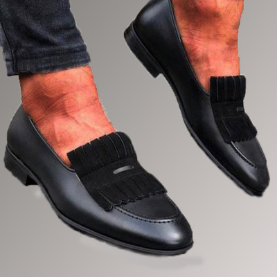Handmade trendy men black penny loafer fringe in genuine leather for men   - Thumbnail 3