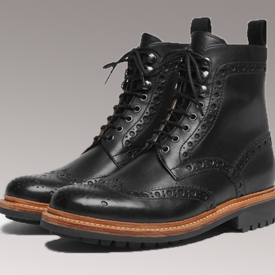 Unique handmade black wingtip lace up military boot for gentlemen