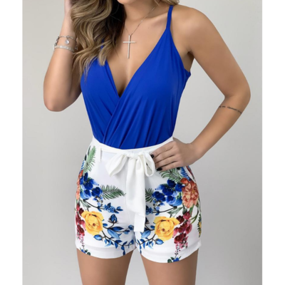 V-Neck Sling Printed Two-Piece Shorts