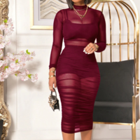 Sexy Solid Color Long Sleeve Round Neck Dress Suit - Thumbnail 1