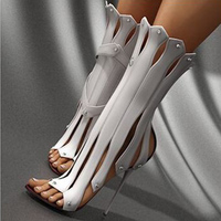 Black White Leatherette Hollow Out Peep Toe Stiletto Heel Heels Sandals S-486 - Thumbnail 2