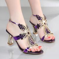 New Summer Sandals Female High-Heeled Shoes with Leather Diamond Diamond Thick Heels Sexy High-Heeled Shoes S-488 - Thumbnail 5