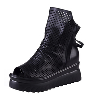 Retro Style Cut Outs Platform Women Ankle Boots Peep Toes Genuine Leather Shoes Woman Summer Cool Boots Double Zip S-490 - Thumbnail 2