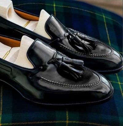 New Handmade Black  Tassels Loafer In Genuine Leather For Men 