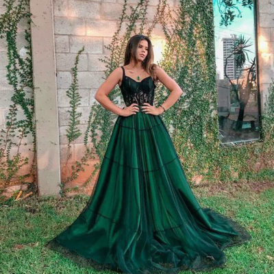 Sexy spaghetti straps green tulle prom dresses with appliques lace - Thumbnail 4