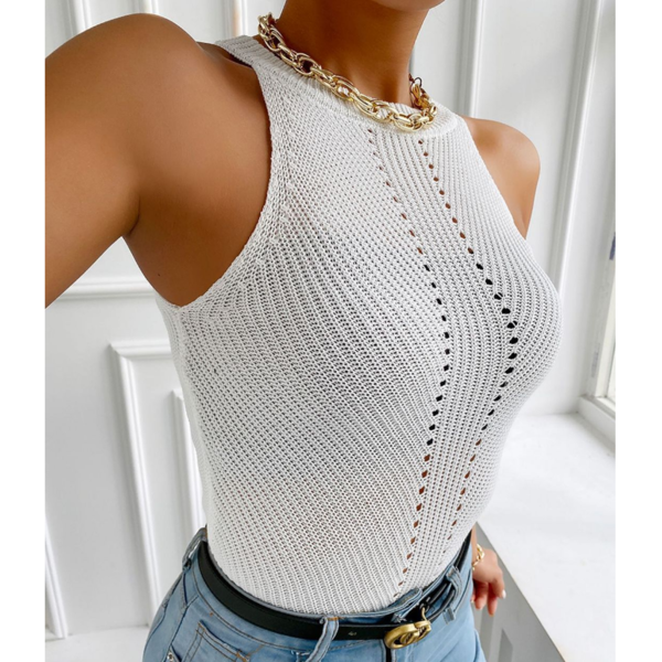 Sexy Round Neck Knit Solid Color Vest Shirt Tops