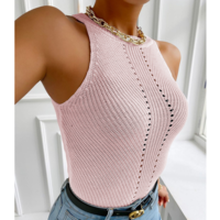 Sexy Round Neck Knit Solid Color Vest Shirt Tops - Thumbnail 2