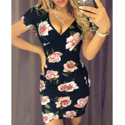 Slim print flower v-neck bag hip dress - Thumbnail 2