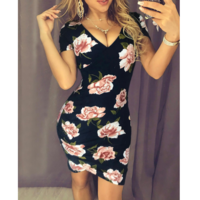 Slim Print Flower V-Neck Bag Hip Dress - Thumbnail 1