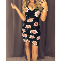 Slim Print Flower V-Neck Bag Hip Dress - Thumbnail 3