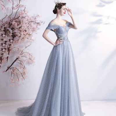 Gray tulle long a line prom dress gray evening dress - Thumbnail 4