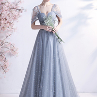 Gray tulle long A line prom dress gray evening dress - Thumbnail 1