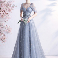 Gray tulle long A line prom dress gray evening dress - Thumbnail 3