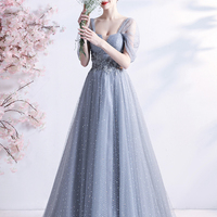 Gray tulle long A line prom dress gray evening dress - Thumbnail 4