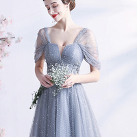 Gray tulle long A line prom dress gray evening dress - Thumbnail 5