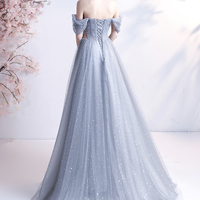 Gray tulle long A line prom dress gray evening dress - Thumbnail 6