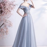 Gray tulle long A line prom dress gray evening dress - Thumbnail 8
