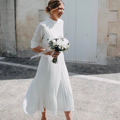 Simple high neck tea length chiffon pleated open back prom dress women bridal gowns - Thumbnail 4