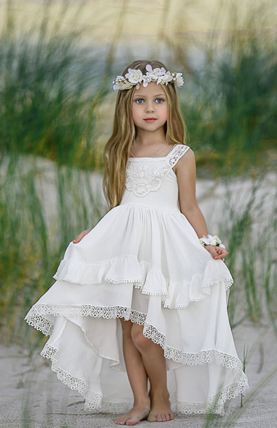 High Low Ruffled Layered Lace White Flower Girl Dress