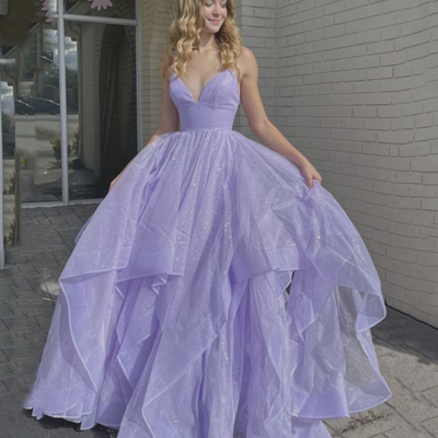 Spaghetti straps lilac tulle v neck long prom dress - Thumbnail 2