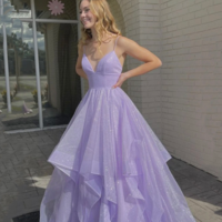 Spaghetti straps Lilac tulle v neck long prom dress - Thumbnail 2