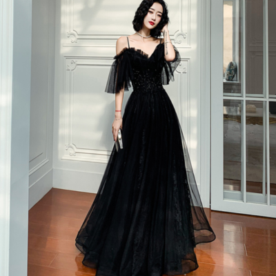 A line black tulle long prom dress black evening dress - Thumbnail 4