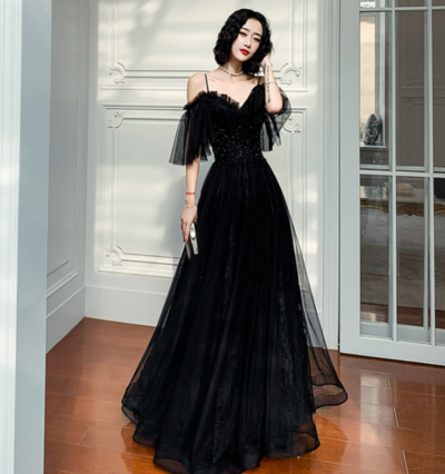A Line Black tulle long prom dress black evening dress