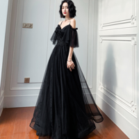 A Line Black tulle long prom dress black evening dress - Thumbnail 3