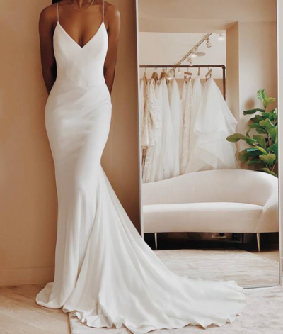 Charming Spaghetti Straps Mermaid V Neck Satin Wedding Dresses