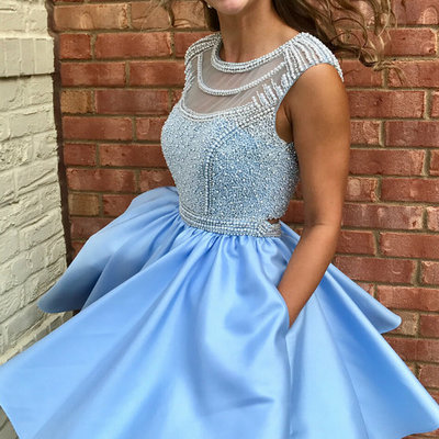 Sp1545,blue beading bodice short prom dresses,open back homecoming dress with pockets