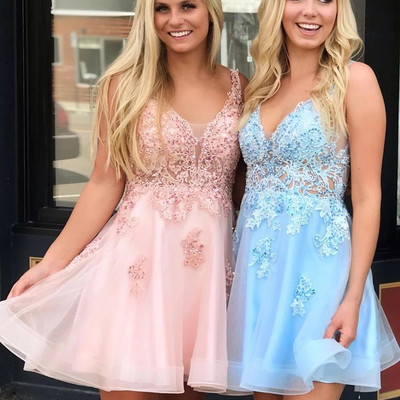 Sp1547,a line v neck short prom dresses lace appliques homecoming dress - Thumbnail 3