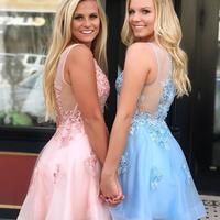 SP1547,A Line V Neck Short Prom Dresses Lace Appliques Homecoming Dress - Thumbnail 1