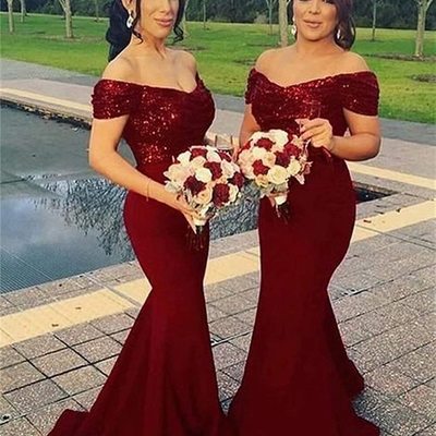 Sp1552,off shoulder mermaid dark red bridesmaid dresses with sequins