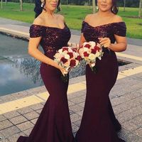 SP1552,Off Shoulder Mermaid Dark Red Bridesmaid Dresses with Sequins - Thumbnail 1