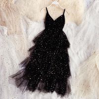 SP1554,Layered Tulle Black V Neck Long Prom Dress,Black Party Gown,Girl Homecoming Dresses - Thumbnail 1