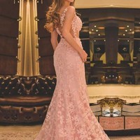 SP1566,Mermaid Scoop Neck Tulle Sweep Train Appliques Lace Prom Dresses - Thumbnail 1