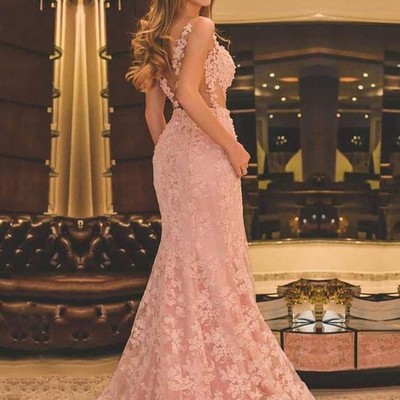 Sp1566,mermaid scoop neck tulle sweep train appliques lace prom dresses - Thumbnail 4