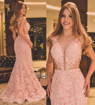 SP1566,Mermaid Scoop Neck Tulle Sweep Train Appliques Lace Prom Dresses