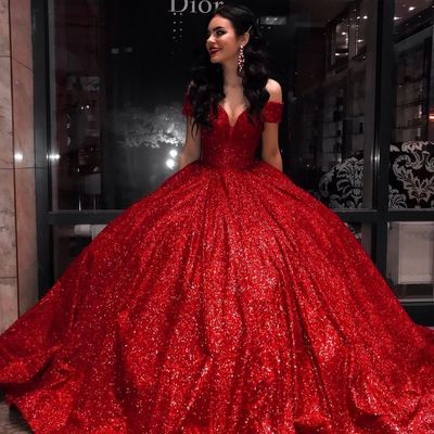 Sp1568,off the shoulder red sequin ball gown,long prom dresses,sweet 16 dresses,wedding gown - Thumbnail 4
