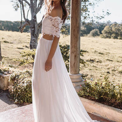 Sp1581,boho two piece off the shoulder lace chiffon beach wedding dresses