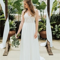 SP1585,Elegant A-Line V Neck Open Back White Chiffon Beach Wedding Dresses with Appliques - Thumbnail 1