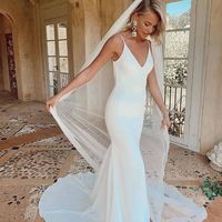 SP1586,Mermaid V Neck White Wedding Dresses,Spaghetti Straps Wedding Gown - Thumbnail 1