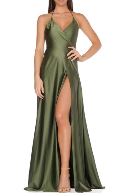 A Line V Neck Olive Green Backless Prom Dresses