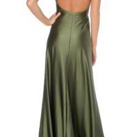 A Line V Neck Olive Green Backless Prom Dresses - Thumbnail 1
