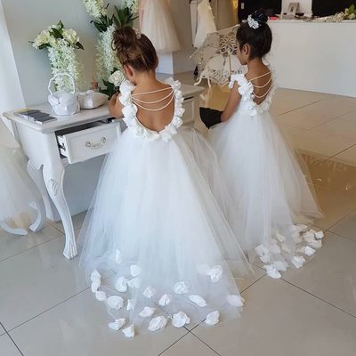 Sp1594,lovely flower girl dresses for wedding v neck tulle floor length backless ball gown junior bridesmaid dress for girls - Thumbnail 4