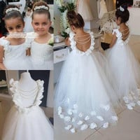 SP1594,Lovely Flower Girl Dresses For Wedding V Neck Tulle Floor Length Backless Ball Gown Junior Bridesmaid Dress For Girls - Thumbnail 1