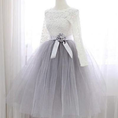  long sleeve gray lace short prom dress,evening dress - Thumbnail 2