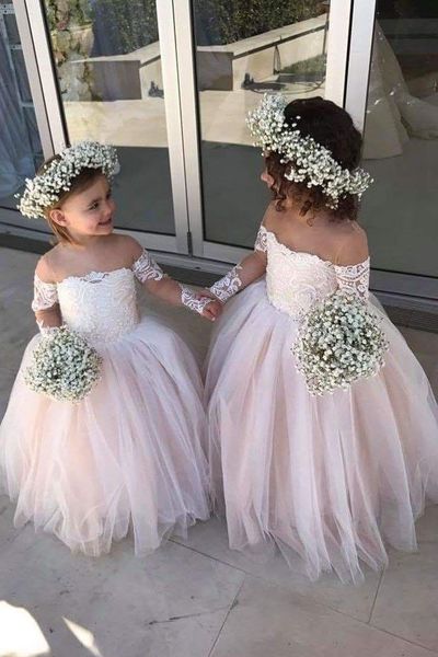 SP1597,Chic Long Sleeves Off-The-Shoulder Tulle Flower Girl Dresses