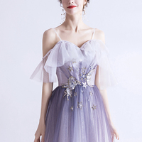 Purple tulle long A line prom dress evening dress - Thumbnail 1
