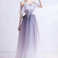 Purple tulle long A line prom dress evening dress - Thumbnail 2
